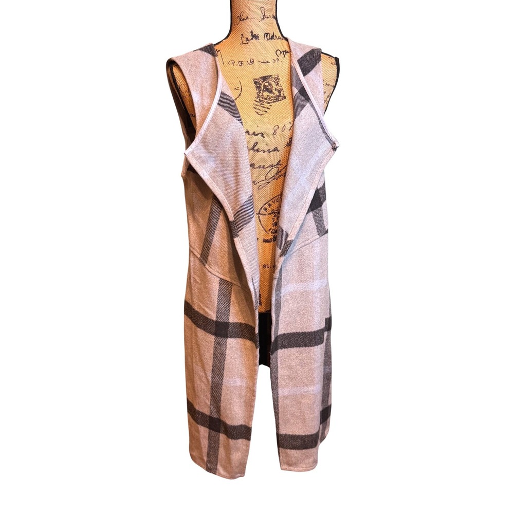 Favlux Fashion Grey Plaid Open Front Duster‎ Vest Sleeveless Longline Cardigan L